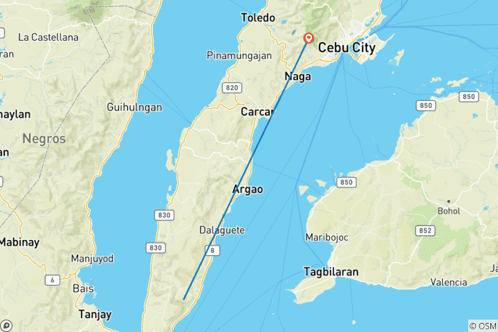 Carte du circuit Observation des requins- baleines d'Oslob, chutes de Tumalog et canyoning de Kawasan avec visite de l'île - sans hébergement