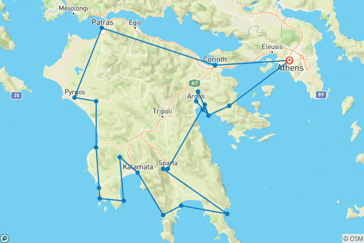 Mapa de ¡Disfruta del Peloponeso en todo su esplendor en un viaje de 15 días desde Atenas!