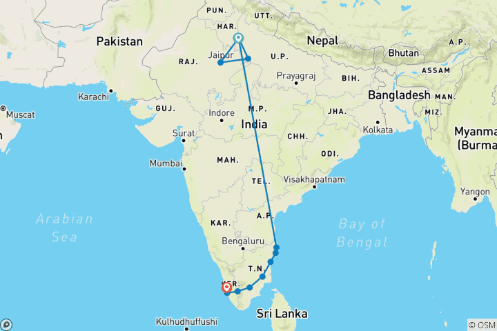 Map of 16 Days Golden Triangle Tour with South India and Backwaters