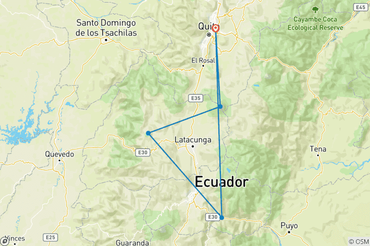 Map of 3-Day Private Adventure Tour to Cotopaxi Volcano, Quilotoa Lagoon & Baños