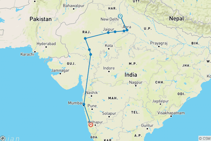 Carte du circuit Rajasthan, Mumbai et Goa