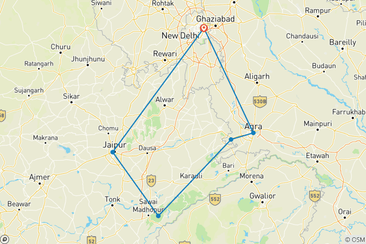 Map of 5 Day Golden Triangle Tour with Ranthambore Tigers - Delhi Agra Ranthambore Jaipur Tour - Taj Tigers & More