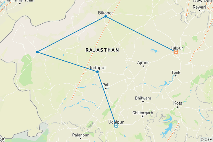 Mapa de El viaje de 8 días por Rajastán empieza en Udaipur y termina en Jaipur