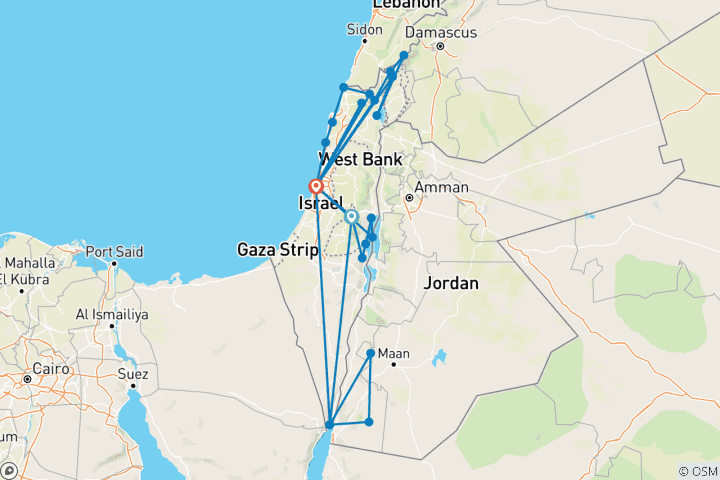 Map of Jewish Israel & Petra, 9 Days