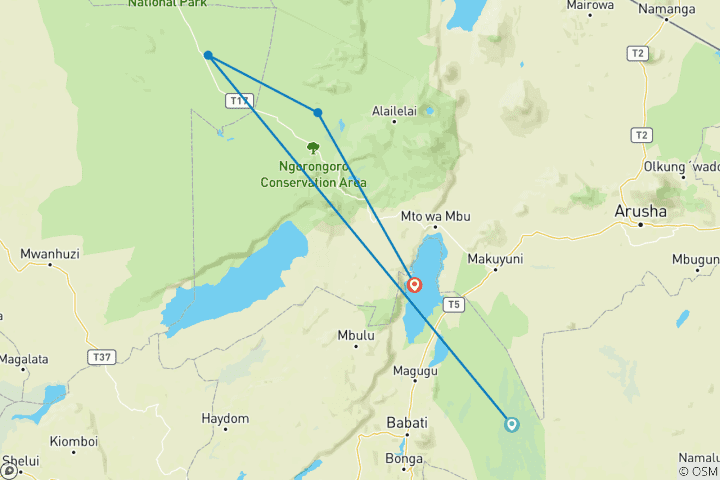 Map of 5 Days Tanzania budget Safaris