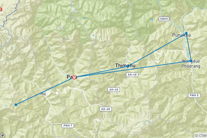 Carte du circuit Bhoutan, circuit de 12 jours (sur demande)