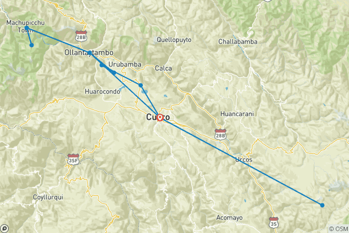 Carte du circuit 6 jours d'aventure : Cusco, Machu Picchu, le lac Humantay et la montagne Arc-en-ciel
