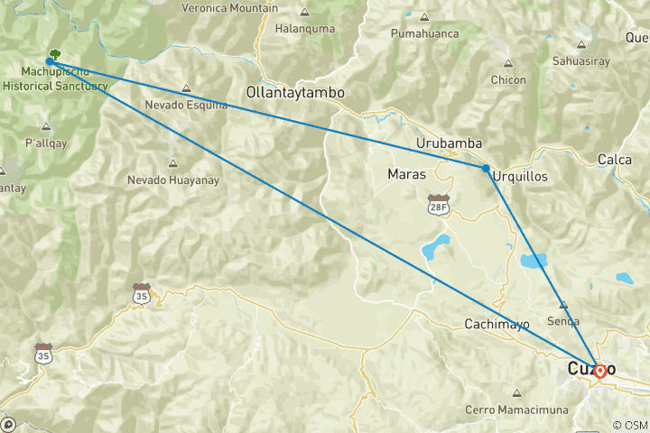 Carte du circuit 4 JOURS DE VOYAGE À TRAVERS CUSCO, LA VALLÉE SACRÉE ET MACHUPICCHU