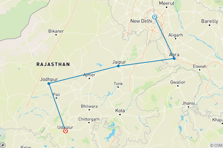 Carte du circuit Circuit de 8 jours dans le Triangle d'Or avec Jodhpur Udaipur - Delhi Agra Jaipur Jodhpur Udaipur Tour