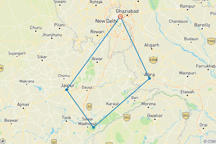 Map of 6 Day Golden Triangle Tour with Ranthambore - Tigers and Taj Mahal Sunrise/Sunset