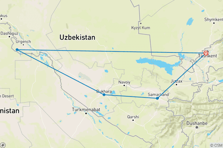 Map of Uzbekistan 8 Day Cultural Tour (3 Star Hotel Option)