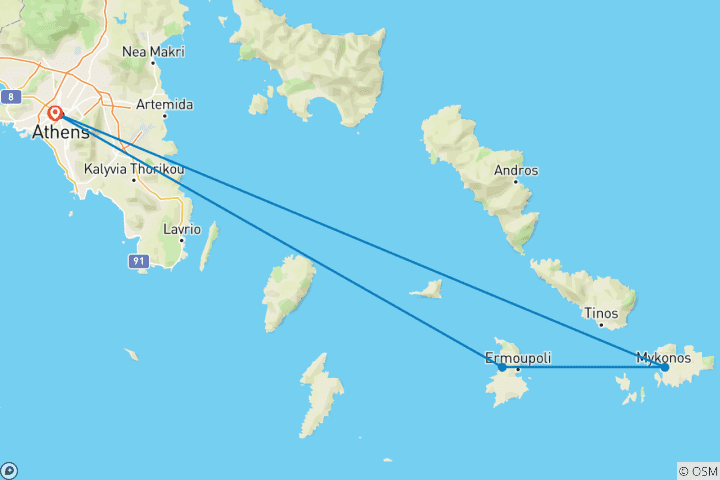 Map of Athens, Syros & Mykonos Tour - 7 Days - Premium