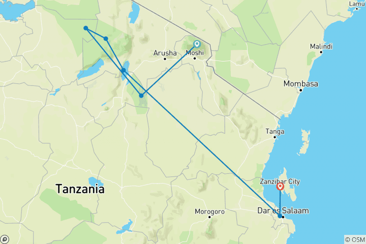 Map of 18 Days Exploring Tanzania VIP Packages