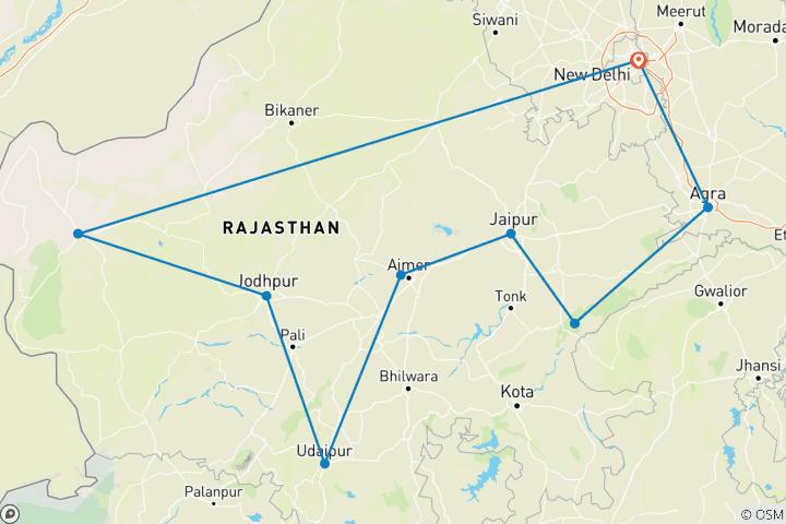 Kaart van India's Beste Koninklijke Rajasthan Rondreis 15 dagen