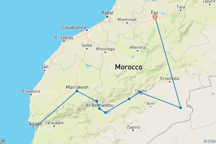 Map of 5 Days Private tour from Agadir to Fes via the Desert