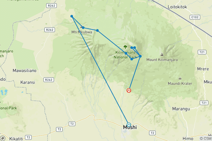 Map of Lemosho Route (with Crater) - 8 Days