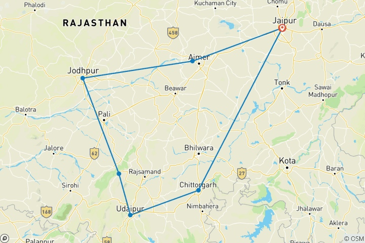 Map of 5 Days Heritage Triangle Tour Jaipur, Jodhpur, Udaipur