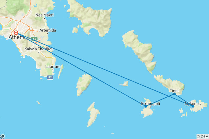 Mapa de Viaje a Siros, Mykonos, Tinos y Atenas - 9 días - estándar