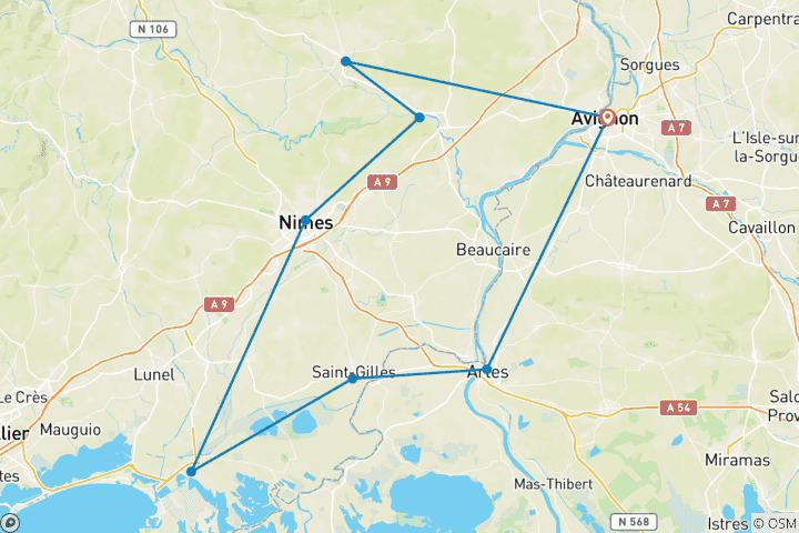 Kaart van Fietstocht door de Languedoc, Frankrijk - groepstocht met gids