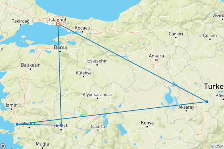 Carte du circuit 3 jours d'excursion à Pamukkale, Éphèse et Cappadoce au départ d'Istanbul en avion