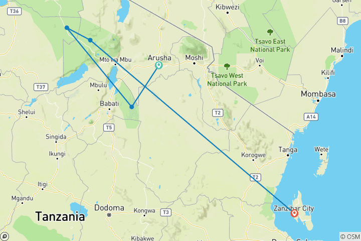 Map of 11 Days Tanzania Adventure & Zanzibar Private Safari