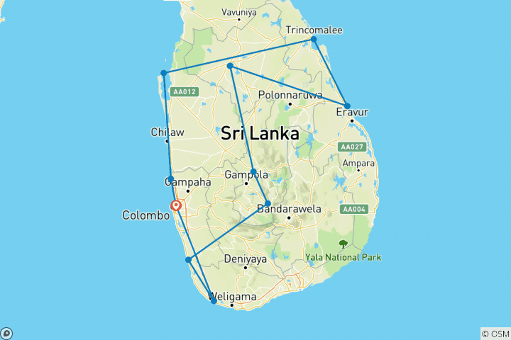 Carte du circuit Sri Lanka Sun et; Sand - 12 jours