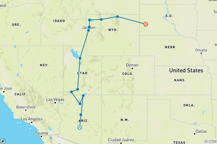 Kaart van De nationale parken van Amerika - van Scottsdale, AZ naar Rapid City, SD - 2024