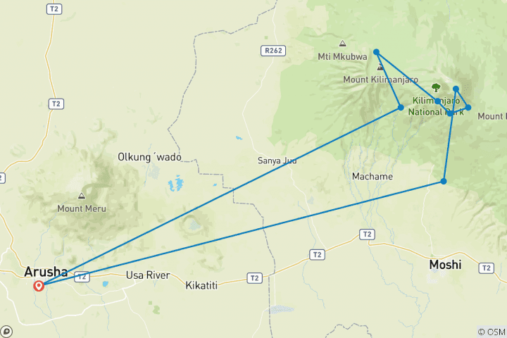 Carte du circuit 7 jours et 6 nuits Trekking au Kilimandjaro via la route Machame