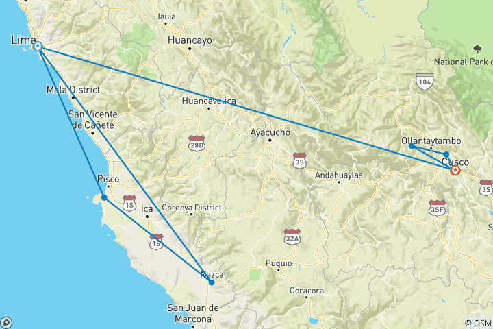 Map of 9 Day Lima, Nazca, Paracas, Cusco, Sacred Valley, and Machu Picchu