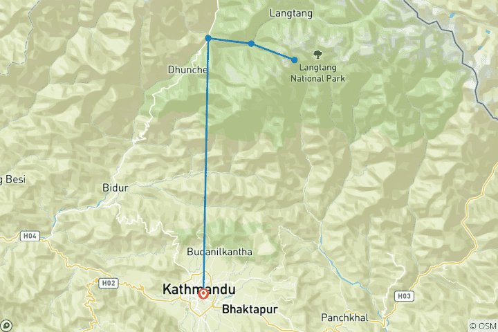 Kaart van Langtang Vallei Trek 12 dagen