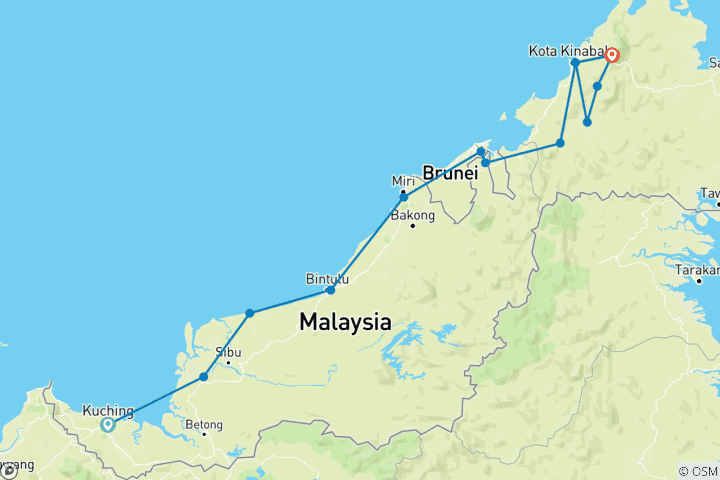 Map of 14-Day Trans-Borneo Road Bike