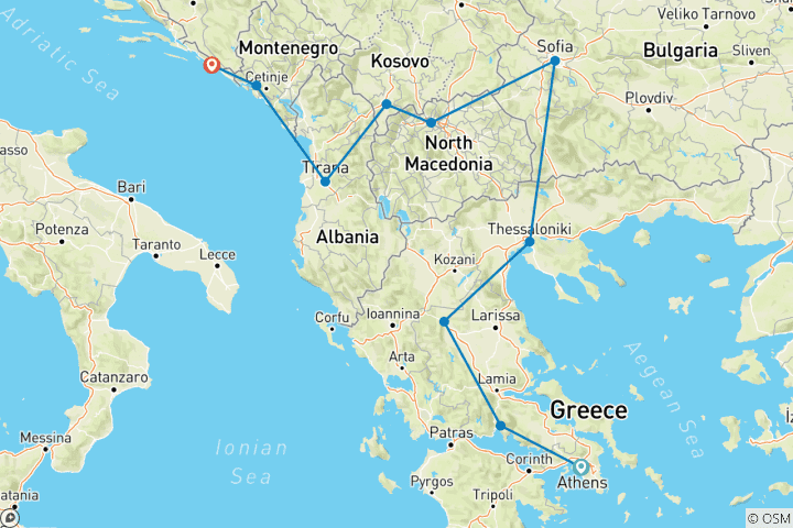 Map of Athens to Dubrovnik Adventure 7-countries (Small Group)