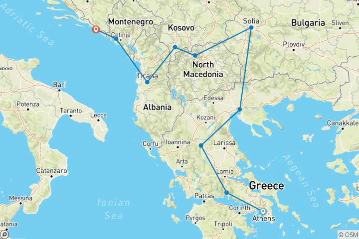 Map of Athens to Dubrovnik Adventure 7-countries (Small Group)