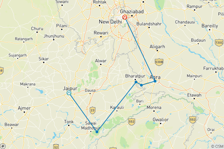 Map of 3 Nights 4 Days – Wildlife with Taj Mahal Tour Package from Jaipur & Drop Off to Delhi
