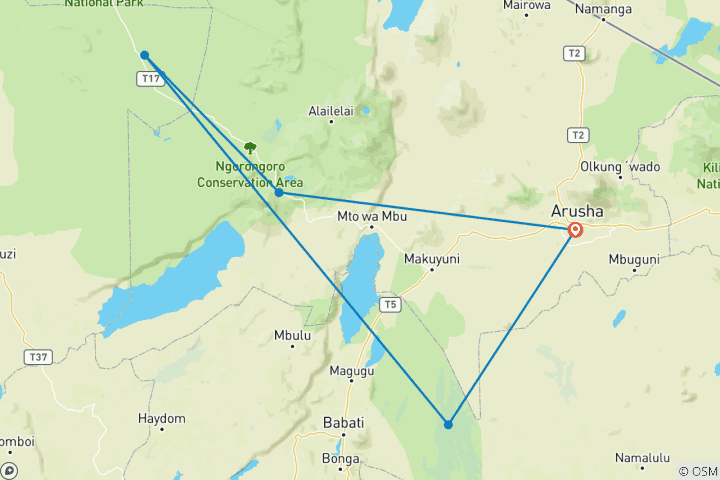 Map of 5 Days, Budget Group Camping with 2 night in Serengeti Safari in Tanzania