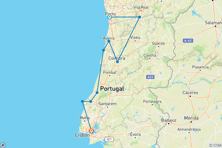 Map of Cycling Portugal - Porto to Lisbon