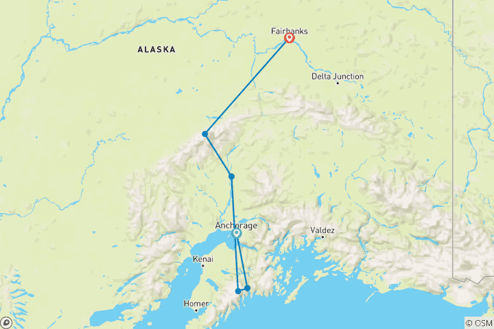 Karte von Alaska mit Übernachtung Abenteuerreise - 13 Tage