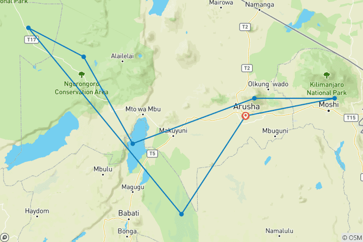 Mapa de Safari en grupo por Tanzania - 8días