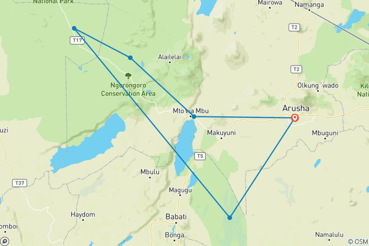 Mapa de Safari de lujo de 5 días en Tanzania con globo en el Serengeti