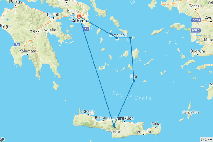 Map of Best of Greece (15 days) Athens & 4 Islands in 15 days (Self-Guided)