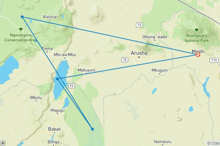 Map of Ngorongoro, Tarangire & Manyara Safari - 3 Days