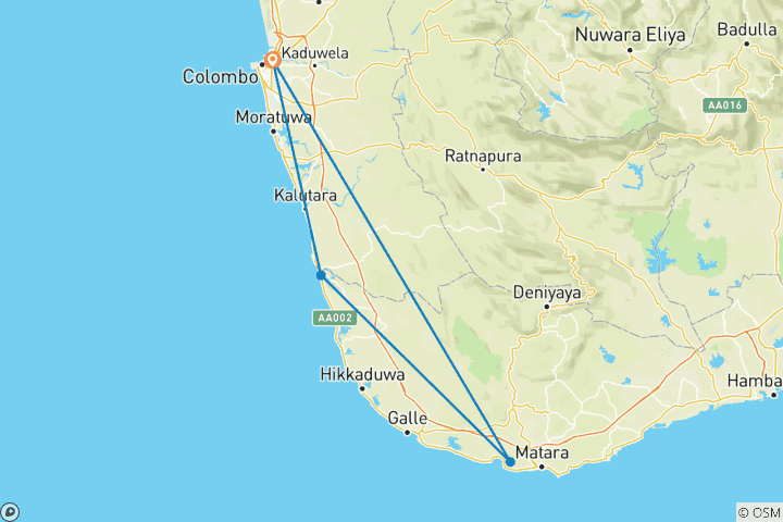 Map of Southern Beaches of Sri Lanka - 5 Days