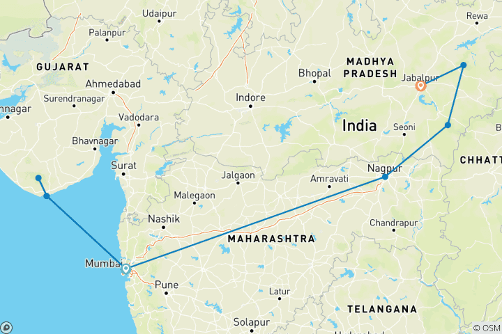 Carte du circuit Safari en Inde - Lions d'Asie et tigres du Bengale