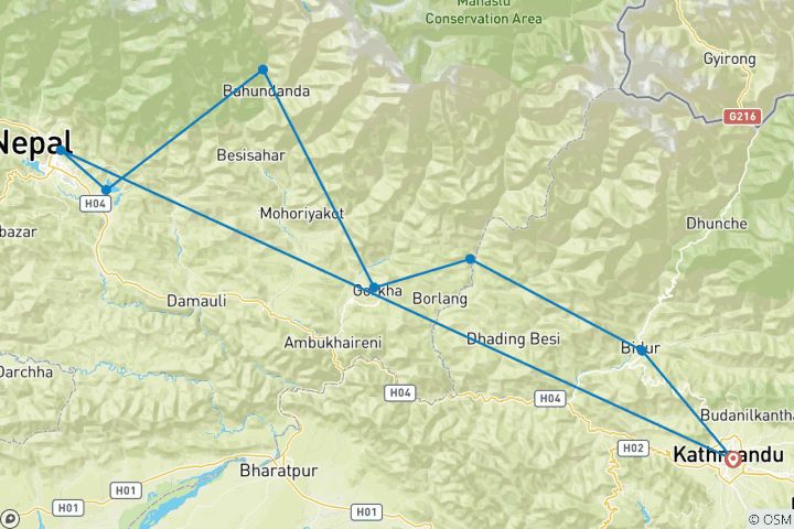 Map of Mountain Biking Tour | Kathmandu-Pokhara; A tale between two cities