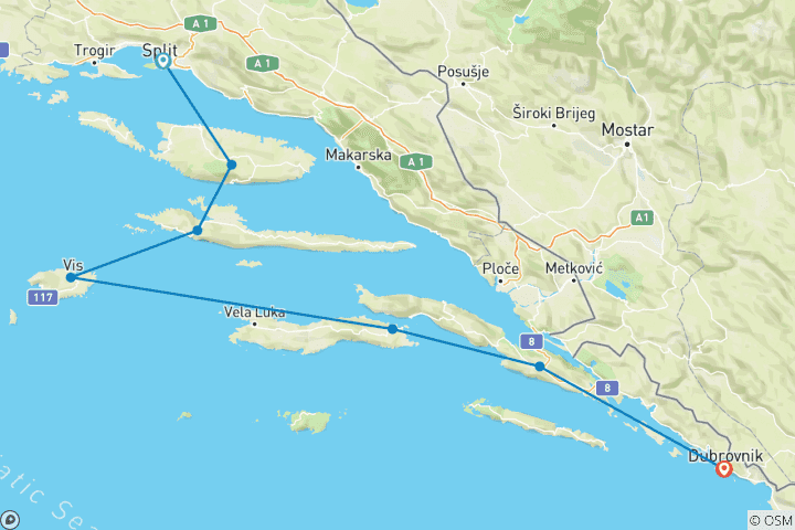 Carte du circuit Trans Croatie Sud à VTT - Bike Dalmatian Islands