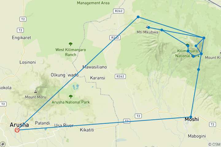 Map of 8 Days Mount Kilimanjaro Lemosho Route Climb