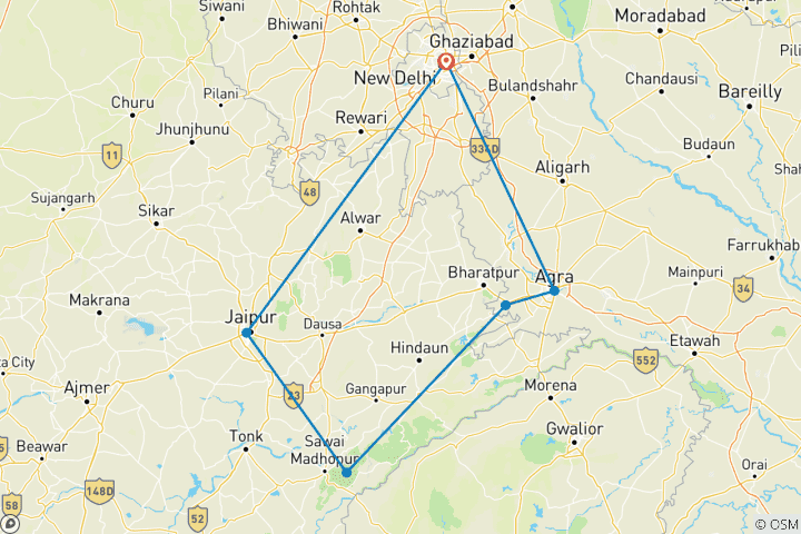 Carte du circuit Triangle d'or et safari dans la réserve de tigres de Ranthambore