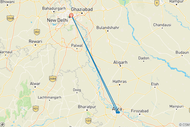 Mapa de Circuito privado de un día al Taj Mahal al amanecer y Agra desde Delhi