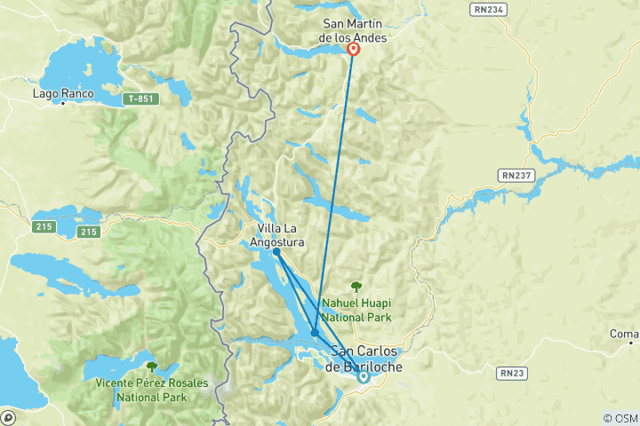 Karte von Villa La Angostura, Bariloche & San Martin de los Andes Entdeckungsreise - 8 Tage