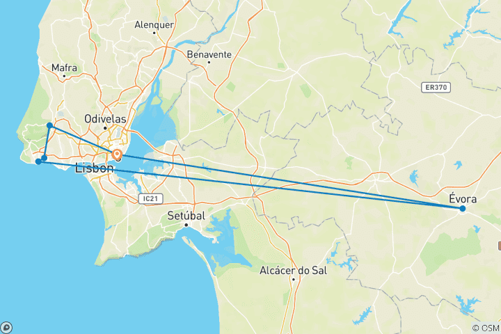 Carte du circuit Le meilleur de Lisbonne - avec Sintra, Évora et Cascais - 5 jours au Portugal